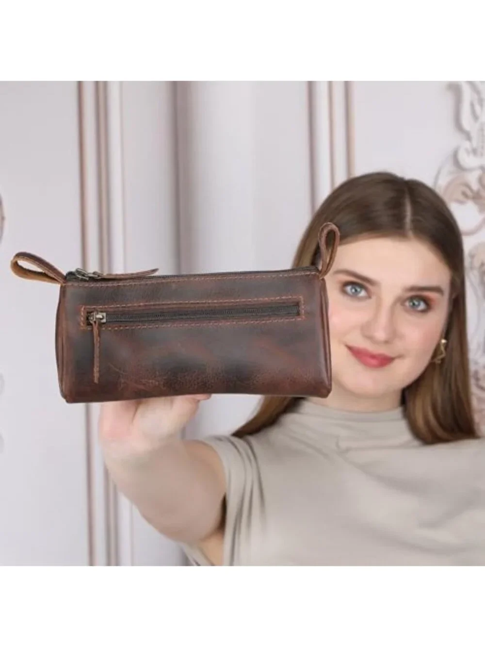 Genuine Leather Makeup Bag for Women – Travel Cosmetic Pouch, Toiletry